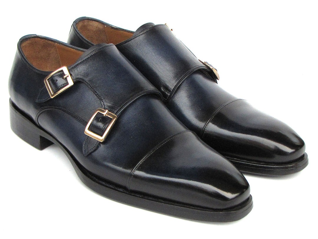 Handcrafted Paul Parkman men's navy blue double monkstrap shoes with Goodyear welt construction