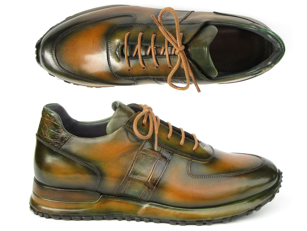 Hand-painted Paul Parkman men's olive green sneakers with unique design (ID#LP208GRN)