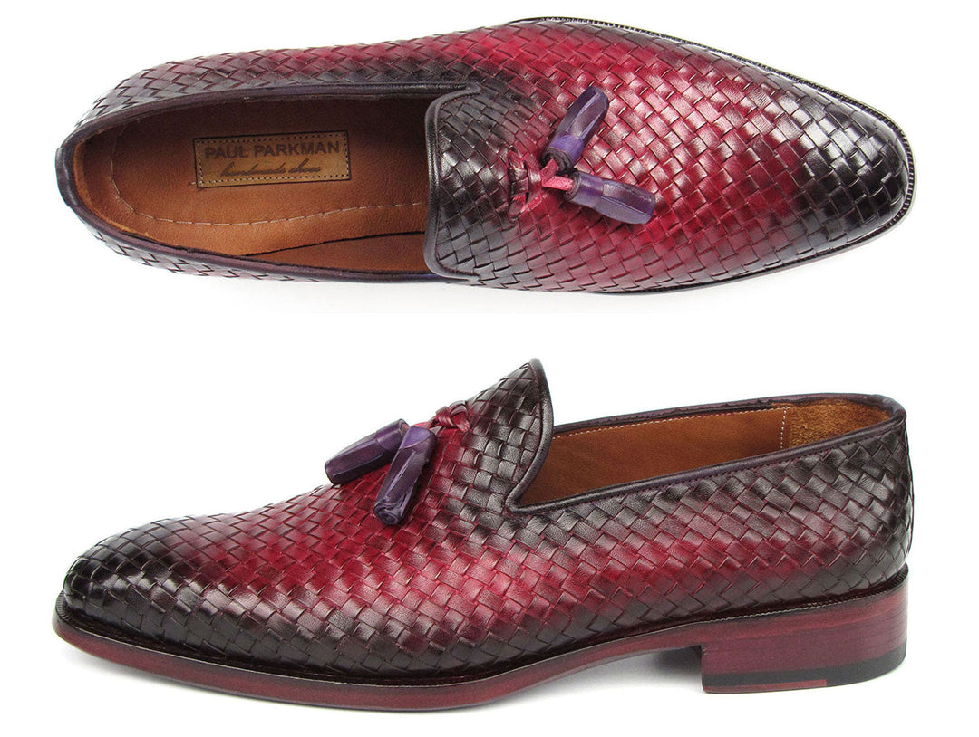 Paul Parkman Men's Woven Leather Tassel Loafers Burgundy, sophisticated and stylish footwear for men with intricate woven design and rich burgundy color