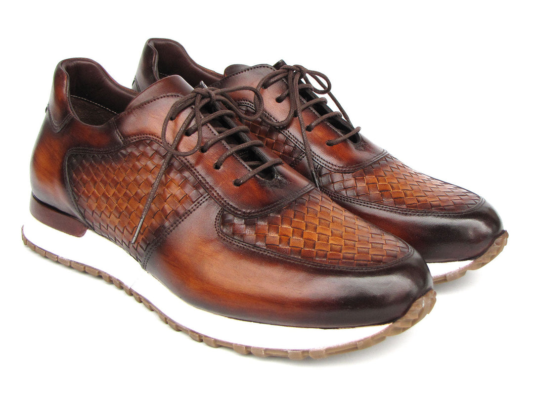 Hand-painted brown woven leather men's sneakers by Paul Parkman (ID#LW205BRW)