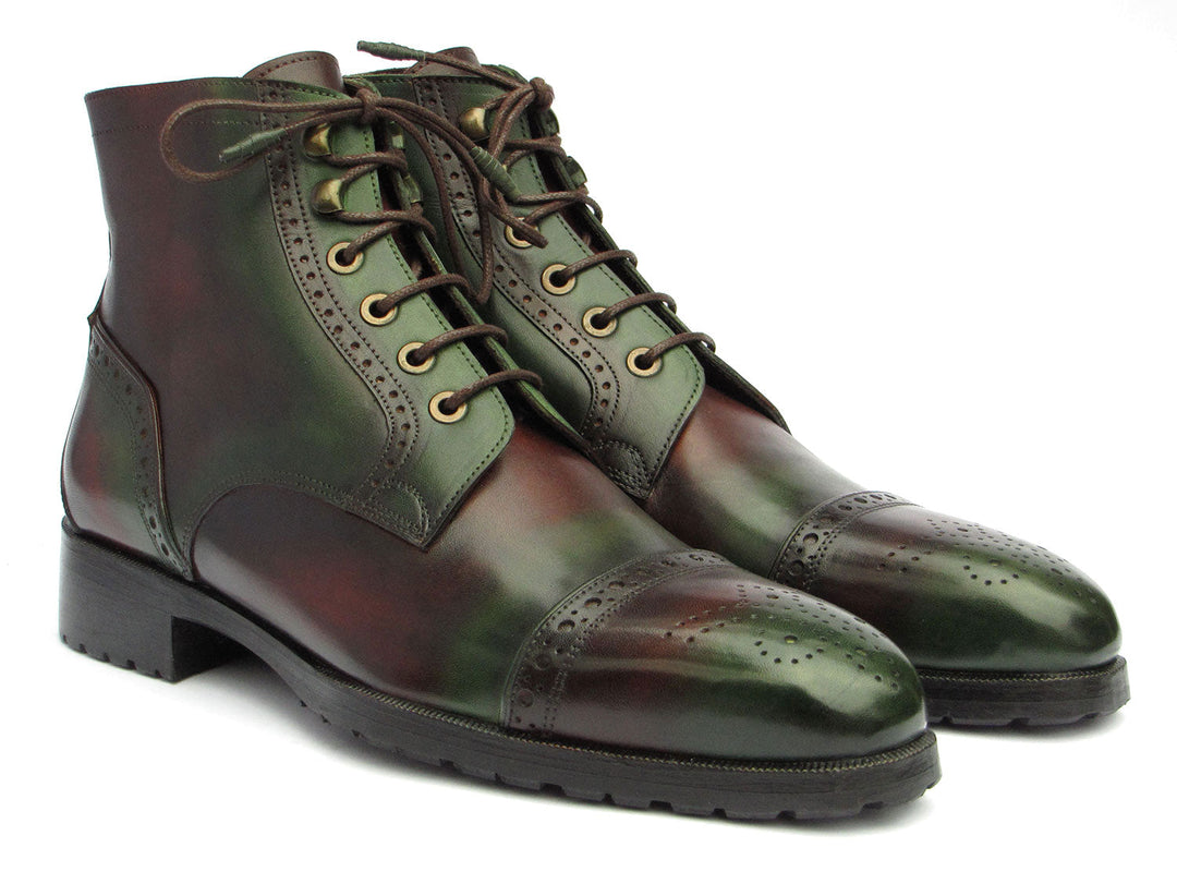 Hand-crafted Paul Parkman Men's Green & Brown Hand-Painted Cap Toe Boots (ID#BT9566-BRG) with exquisite detailing and high-quality materials