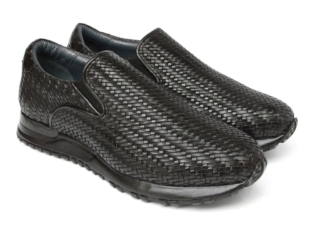 Paul Parkman Men's Black Woven Leather Slip-On Sneakers with stylish design and comfortable fit