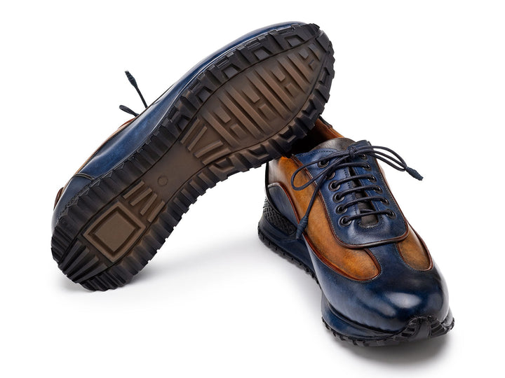 Handcrafted premium leather sneakers in blue and camel patina for men