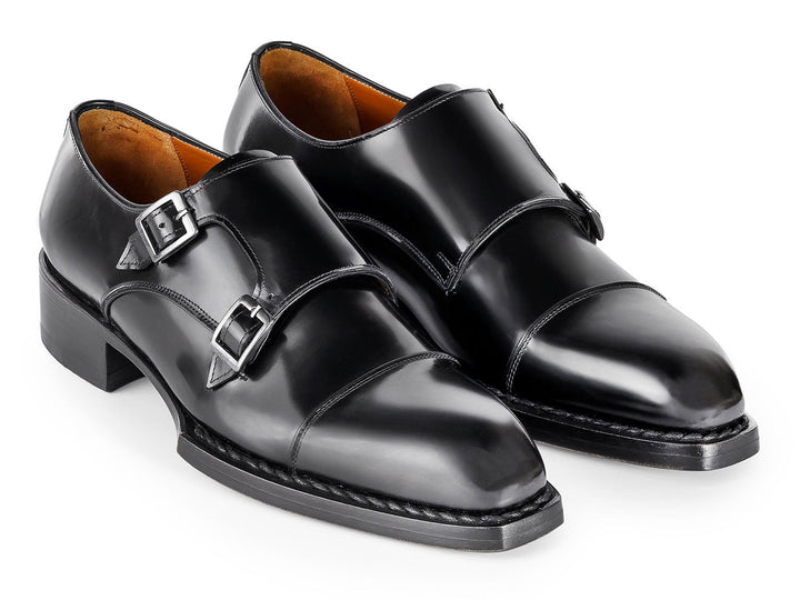 Paul Parkman Triple Leather Sole Hand-Welted Cap Toe Monkstraps Black, front view with double buckle and exquisite handcrafted detailing