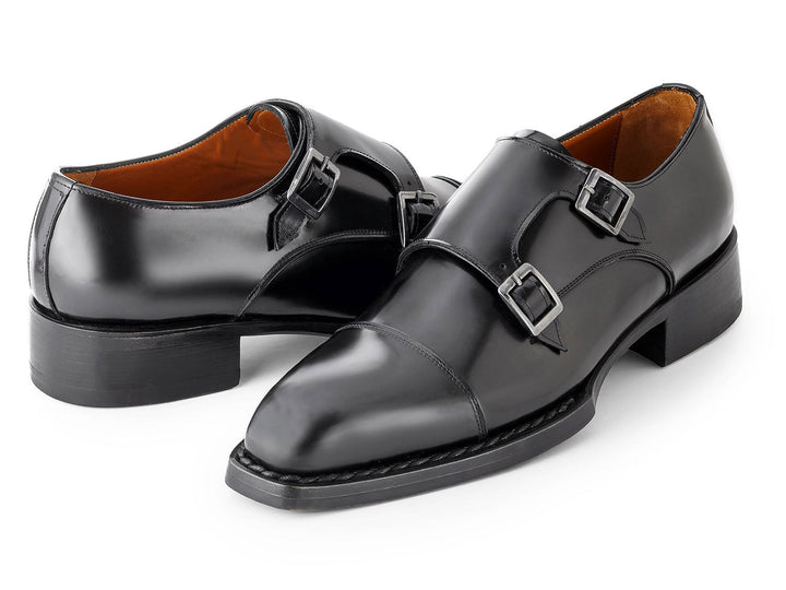  Paul Parkman Triple Leather Sole Hand-Welted Cap Toe Monkstraps Black, side view showcasing the luxurious black leather and intricate hand-welted construction