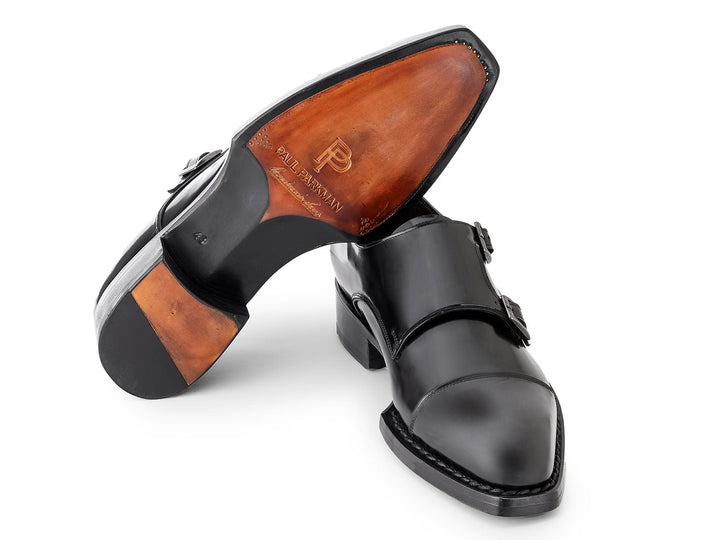  Paul Parkman Triple Leather Sole Hand-Welted Cap Toe Monkstraps Black, close-up of the hand-stitched cap toe and fine leather craftsmanship