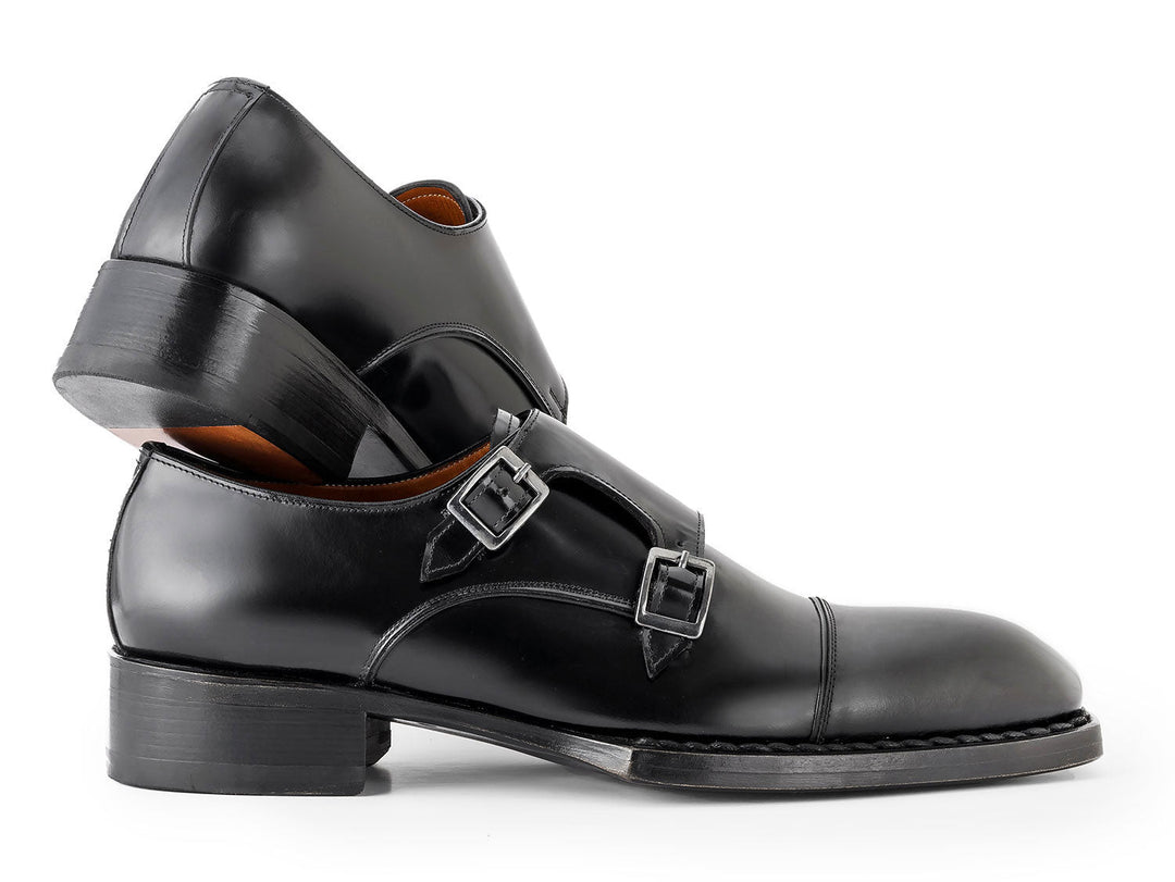  Paul Parkman Triple Leather Sole Hand-Welted Cap Toe Monkstraps Black, elegant monkstraps with triple leather sole for durability and style