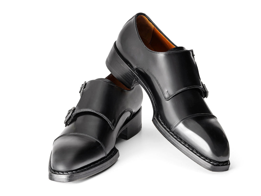  Paul Parkman Triple Leather Sole Hand-Welted Cap Toe Monkstraps Black, bottom view highlighting the high-quality leather sole and expert hand-welted construction