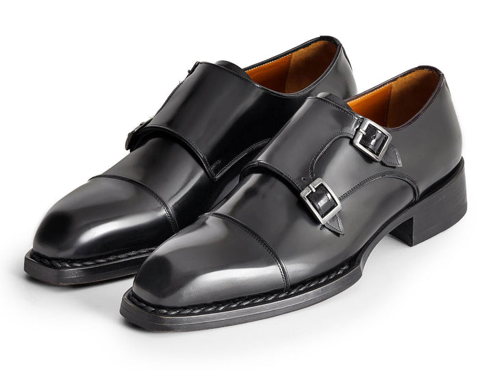  Paul Parkman Triple Leather Sole Hand-Welted Cap Toe Monkstraps Black, lifestyle shot of the black monkstraps being worn for a sophisticated look