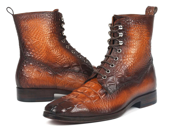 Paul Parkman Men's Brown Croco Embossed Leather Lace-Up Boots (ID#BT744-BRW) - WKshoes