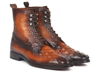 Paul Parkman Men's Brown Croco Embossed Leather Lace-Up Boots (ID#BT744-BRW) - WKshoes