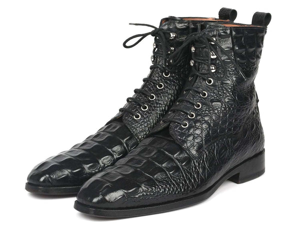 Paul Parkman Men's Black Croco Embossed Leather Lace-Up Boots (ID#BT744-BLK) - WKshoes
