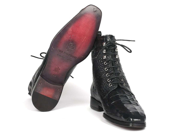 Paul Parkman Men's Black Croco Embossed Leather Lace-Up Boots (ID#BT744-BLK) - WKshoes