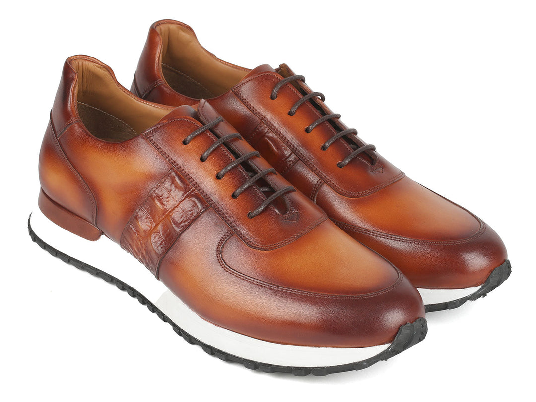 Hand-painted brown leather men's sneakers from Paul Parkman, style ID#LP208BRW