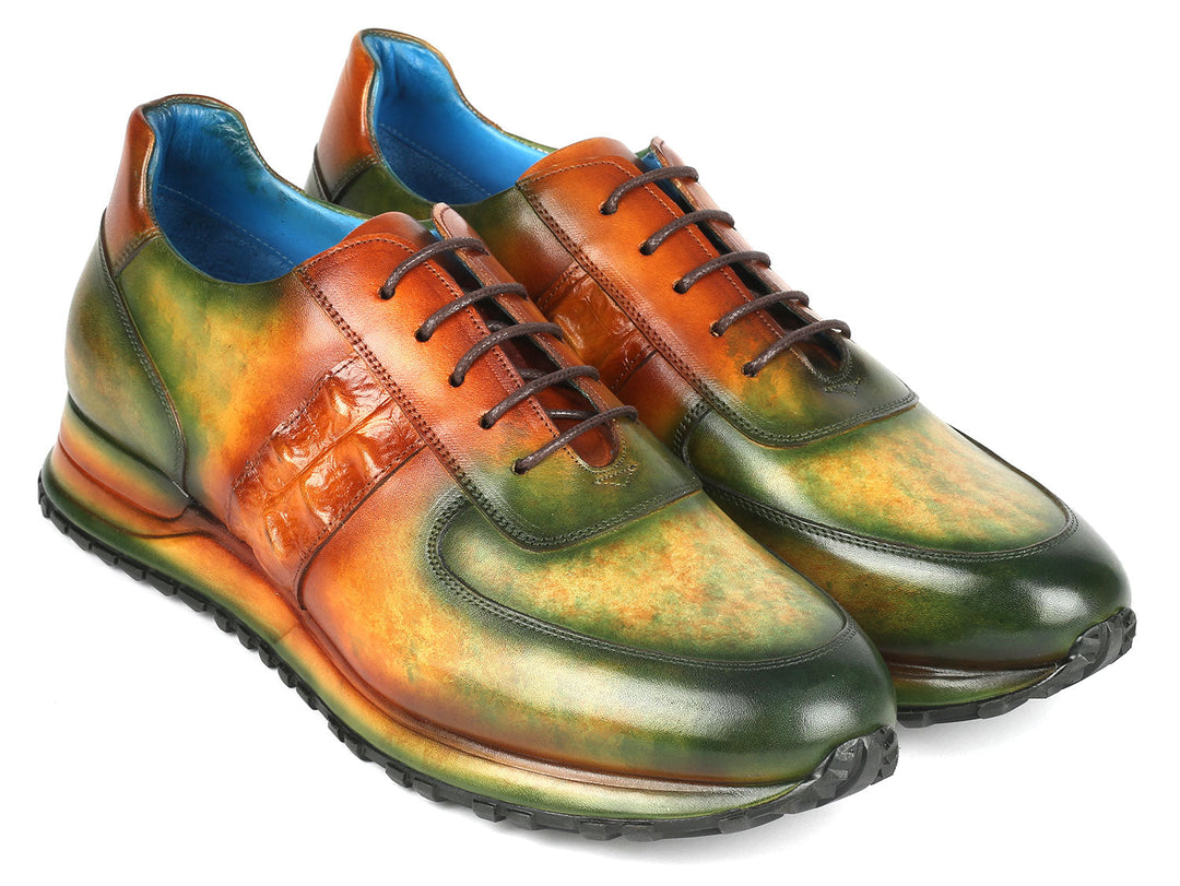 Handcrafted Paul Parkman men's green and brown patina sneakers, style ID#LP207GRB