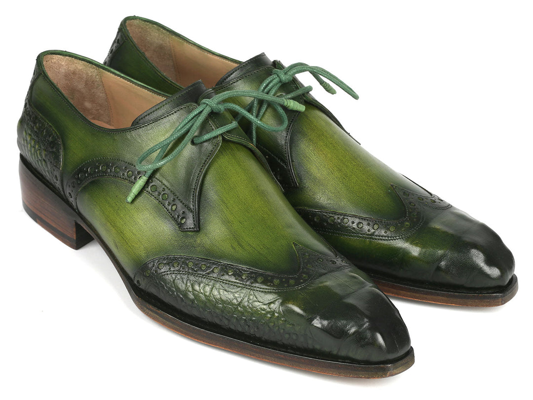 Handcrafted Paul Parkman Goodyear Welted Wingtip Derby Shoes in bold green color