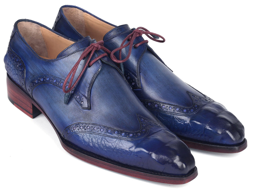 Handcrafted Paul Parkman Goodyear Welted Wingtip Derby Shoes in elegant blue and navy color scheme, perfect for formal occasions and stylish everyday wear (ID#584-BLU)