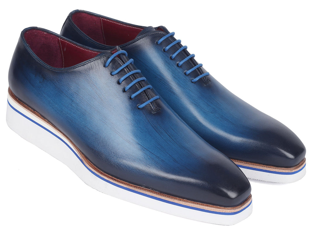 Handcrafted Paul Parkman Men's Smart Casual Wholecut Oxfords in striking blue color, perfect for stylish and sophisticated day-to-night looks