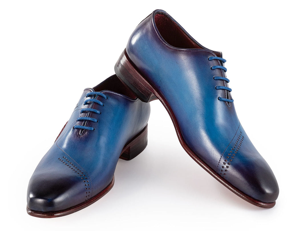 Classic oxford shoes for men with artisanal hand-painted blue leather finish