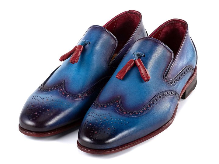 Stylish Paul Parkman Men's Wingtip Tassel Loafers Blue Leather with tassels