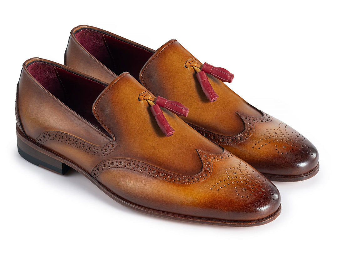 Paul Parkman Men's Wingtip Tassel Loafers Brown Leather with decorative perforations and tassel detail on the front