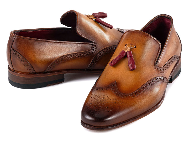 Handcrafted Paul Parkman Men's Wingtip Tassel Loafers in rich brown leather with traditional wingtip design