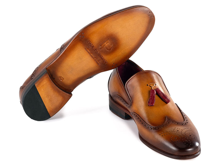 Luxurious Paul Parkman Men's Wingtip Tassel Loafers crafted from brown leather with classic wingtip and tassel detail