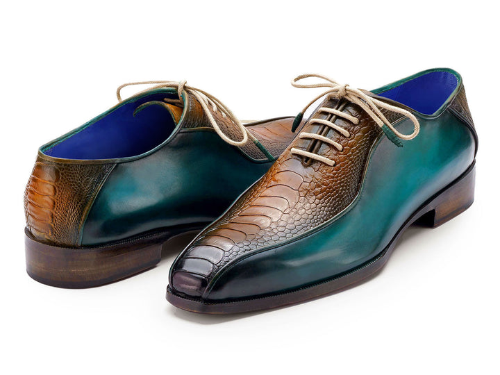 Stylish and sophisticated Paul Parkman Genuine Ostrich Leg Oxfords in Green & Brown