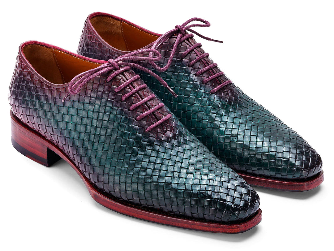 Handcrafted Paul Parkman Men's Green & Purple Woven Leather Oxfords with intricate detailing and comfortable design (ID#044WN77)