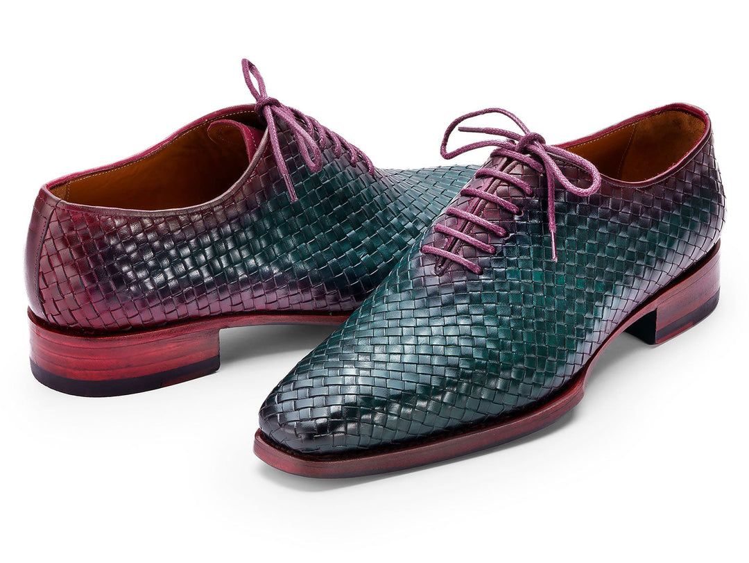 Handcrafted Paul Parkman green and purple woven leather oxfords for men