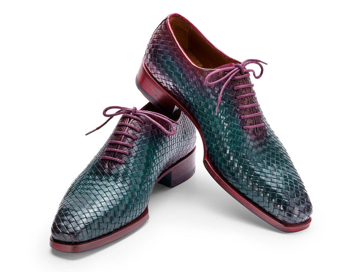 Handcrafted Paul Parkman men's oxfords in vibrant green and purple woven leather