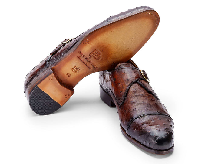 Brown ostrich skin monkstrap shoes for men by Paul Parkman