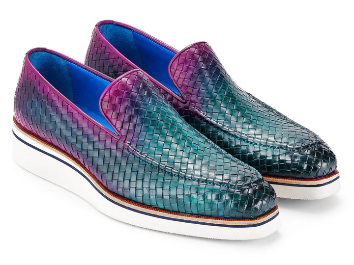 Paul Parkman Men's Smart Casual Woven Leather Loafers featuring Green & Purple colors and a stylish design