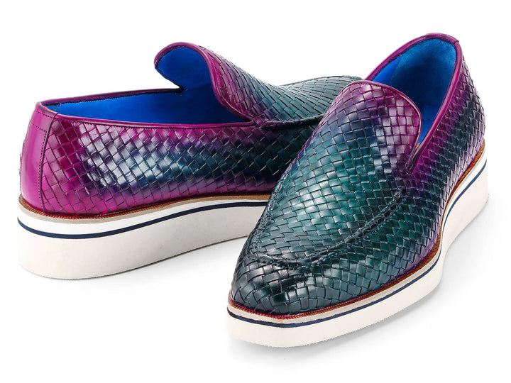 Handcrafted green and purple woven leather loafers for men by Paul Parkman