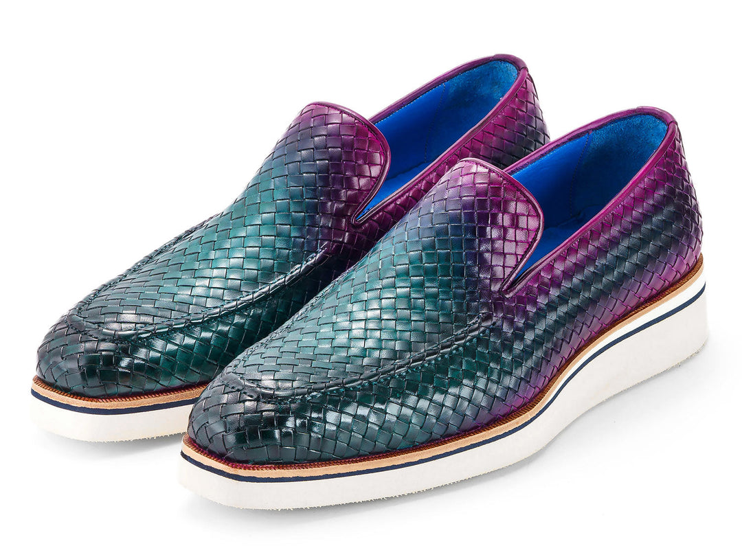 Paul Parkman Men's Smart Casual Woven Leather Loafers in Green & Purple, perfect for stylish and sophisticated everyday wear