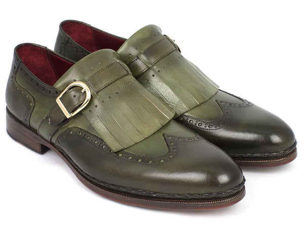 Paul Parkman Men's Wingtip Monkstrap Brogues Green Hand-Painted Leather Upper With Double Leather Sole (ID#060-GREEN) - WKshoes