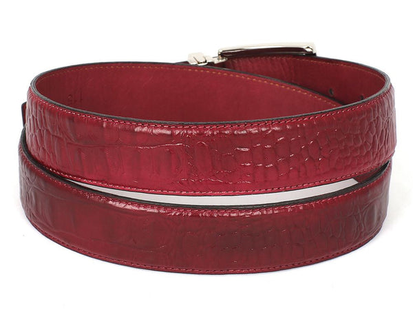 PAUL PARKMAN Men's Croc Embossed Calfskin Belt Burgundy (ID#B02-BUR) - WKshoes