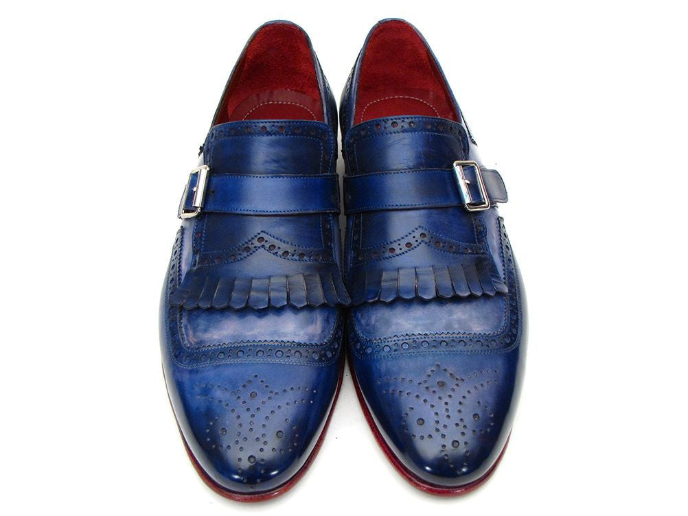 Paul Parkman Kiltie Monkstrap Shoes Dual Tone Blue Leather (ID#12BL78) - WKshoes