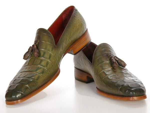 Paul Parkman Green Crocodile Embossed Tassel Loafer - WKshoes