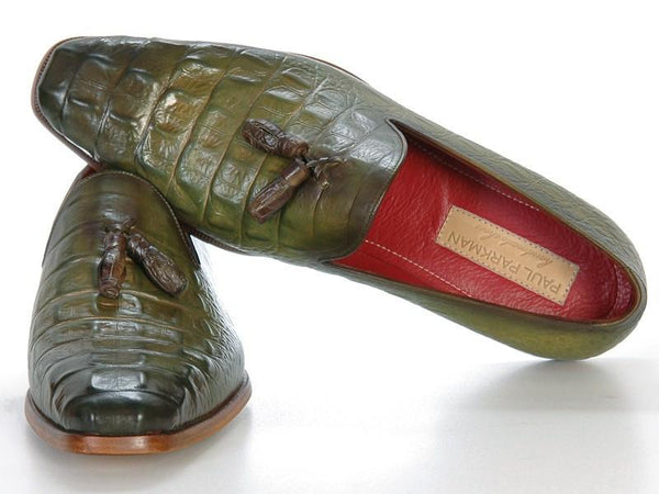 Paul Parkman Green Crocodile Embossed Tassel Loafer - WKshoes