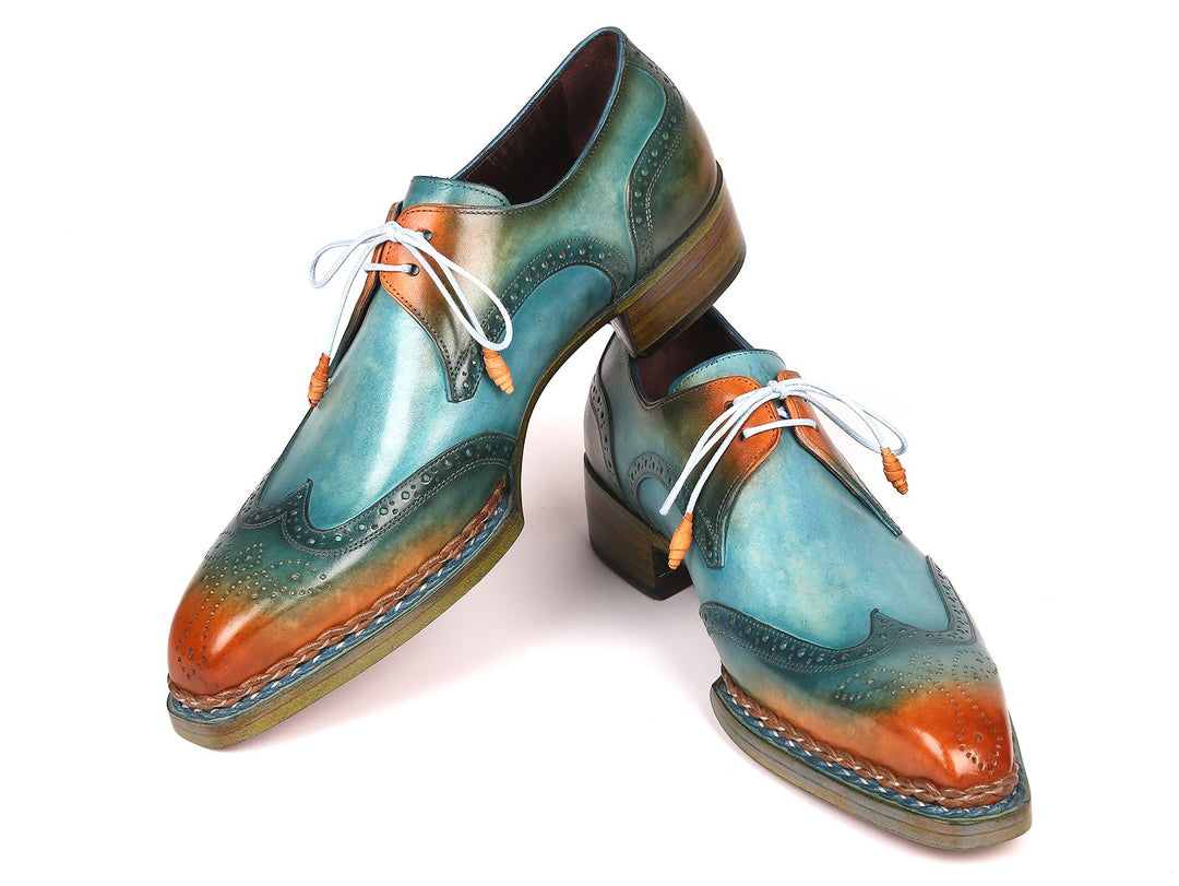 Paul Parkman Norwegian Welted Wingtip Derby Shoes Turquoise & Tobacco (ID#8506-TRQ) - WKshoes