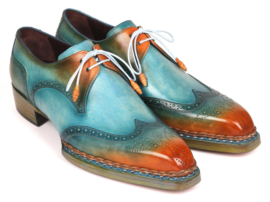 Paul Parkman Norwegian Welted Wingtip Derby Shoes Turquoise & Tobacco (ID#8506-TRQ) - WKshoes