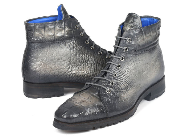 Paul Parkman Men's Gray Croco Embossed Leather Boots (12811-GRY) - WKshoes