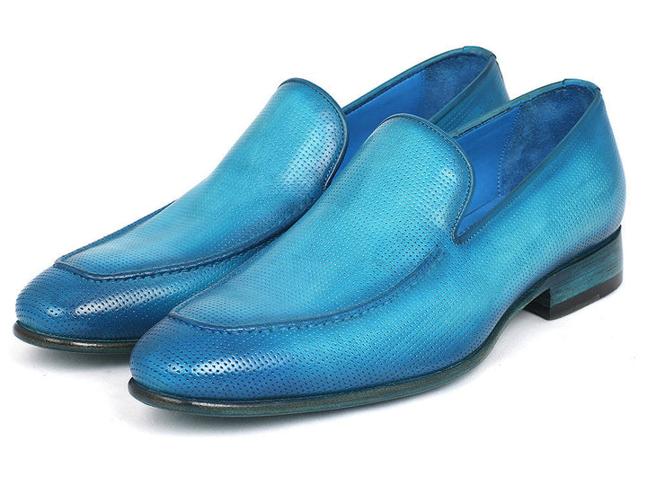 Paul Parkman Perforated Leather Loafers Turquoise (ID#874-TRQ) - WKshoes