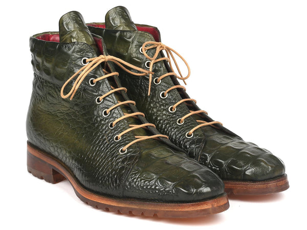 Paul Parkman Men's Green Crocodile Embossed Leather Boots (12811-GRN) - WKshoes