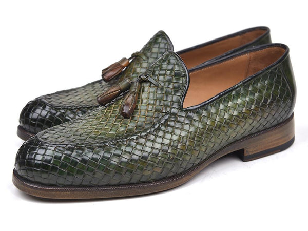 Paul Parkman Green Woven Leather Tassel Loafers - WKshoes